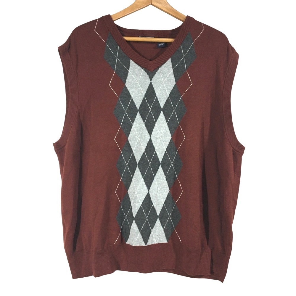 Saddlebred Argyle V-Neck Cotton Sweater‎ Vest XL Burgundy